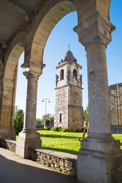 View through an arch of the Bell Tower, Sanctuary of  Urkiola, Biscay, Basque Country, Spain