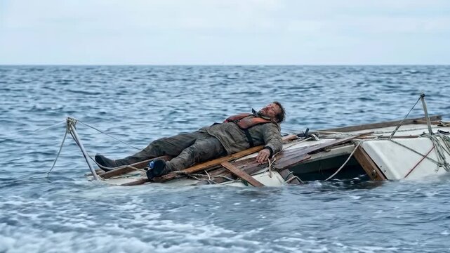 Man resting on sunken boat wreckage. Exhausted man lies on his back on partially sunken boat wreckage in the ocean. Debris and ropes float around him in the open water.