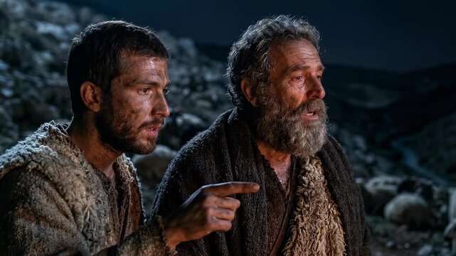 two humble shepherds amazed by the bright star of bethlehem signaling the miraculous birth of jesus christ under the dark night sky in the rolling hills during the holy biblical tradition