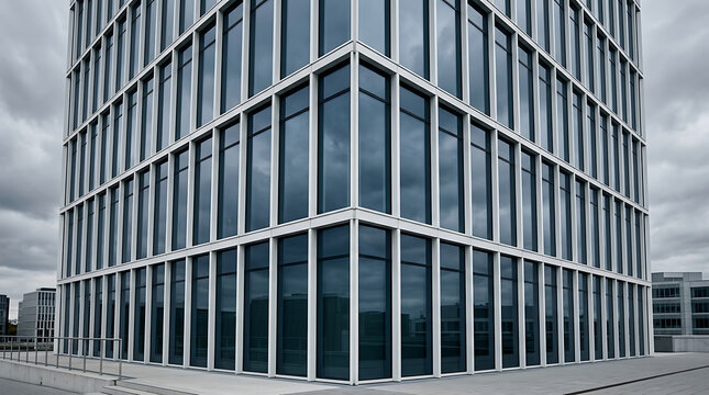 Modern Minimalist Architectural Corner of a Glass Facade Office Building with Geometric Structural Steel Frames Under a Cloudy Sky