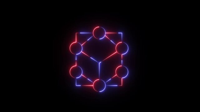 A glowing neon wireframe of a 3D isometric cube with node circles at the vertices, displayed against a black background.