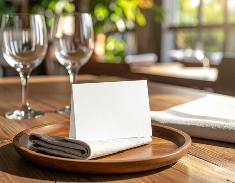 Blank white folded place card on wooden plate at restaurant table, event seating, party menu mockup