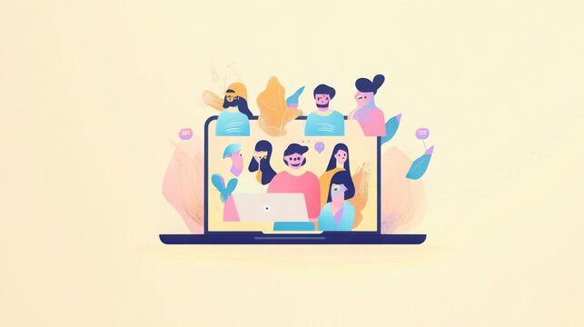 Diverse Team Video Conference On Laptop Pastel Illustration
