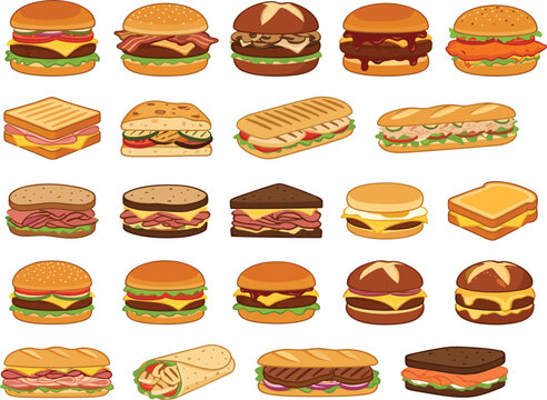Colorful collection of fast food vectors featuring various burgers, sandwiches, paninis, wraps, tasty snack icons set