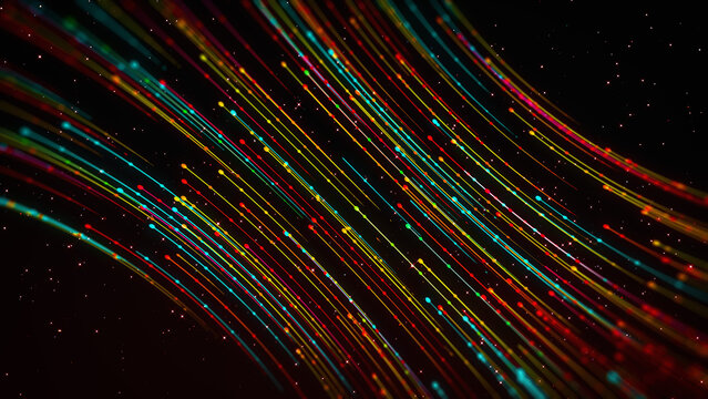 Vibrant red, yellow, and blue particle trails curve diagonally through a dark starry space background, creating dynamic depth, motion, speed, and a futuristic digital technology atmosphere.