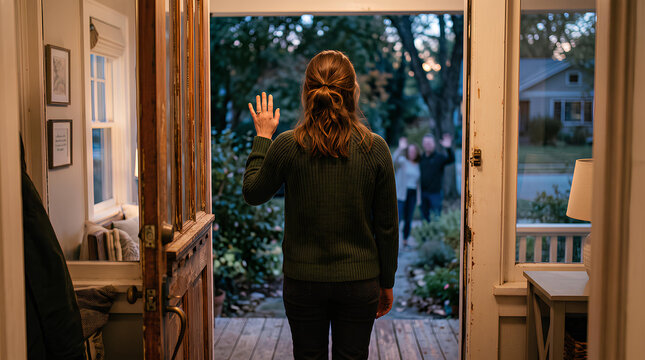 Back view of a person waving goodbye from a doorway at dusk