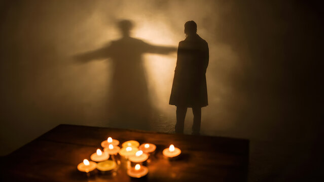 Shadowy figure in candlelit smoke room for mystery fear and spiritual ritual concept