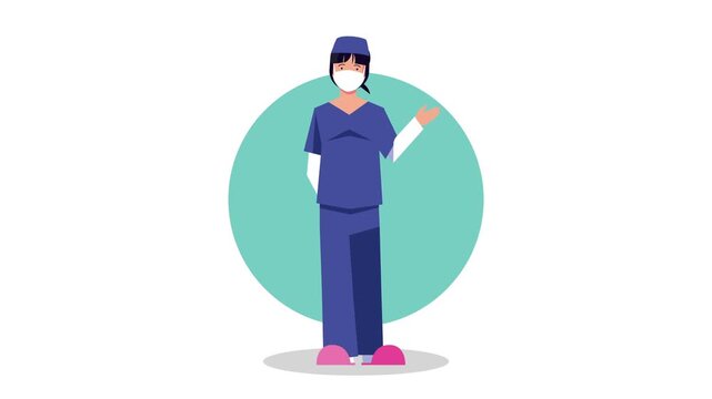 Female nurse in medical scrubs wearing face mask standing in front of circular background in flat animation.