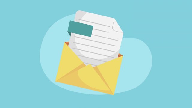 Animated envelope opening to reveal letter document with teal tab on blue background for digital communication concepts.