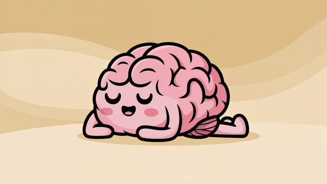 Cute sleepy brain cartoon resting on soft beige background for mental health and relaxation