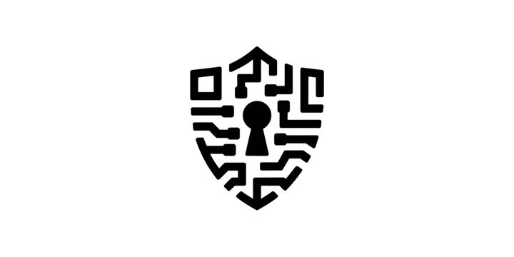 Digital security shield with circuit lines and keyhole vector symbol. Black cyber protection icon. Abstract cybersecurity emblem design for data privacy.