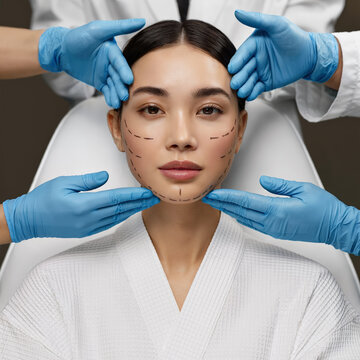 Cosmetic surgery face mapping with gloved hands during beauty clinic consultation