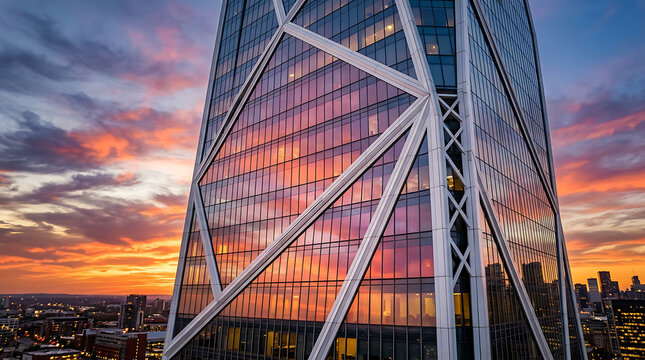 Modern Architectural Glass Skyscraper with Geometric Steel Structure Reflecting a Vibrant Colorful Sunset Sky