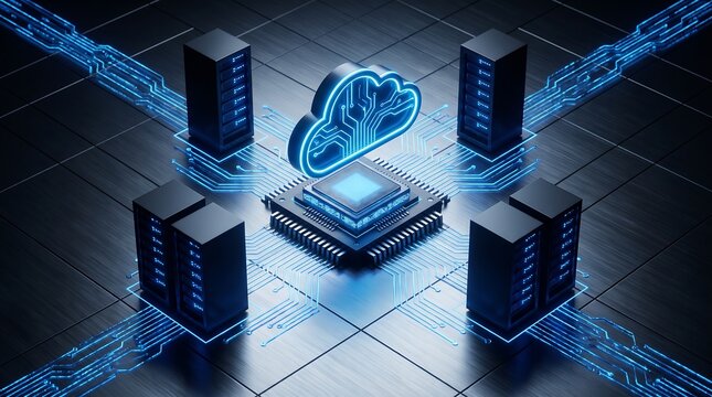 Central cpu processor surrounded by server racks and a glowing digital cloud icon with processor technology microchip hardware computing internet
