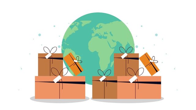 Global gifting presents delivery around world cartoon animation motion.