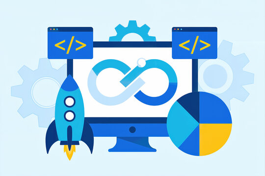 Coding launch illustration with rocket monitor and software development icons