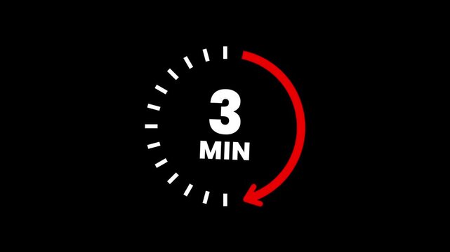 Countdown timer icons for 3 minutes in circular arrow animation. circle arrow refresh icon with 3 min timer icon animation. Timer 3 minutes countdown clock with circular arrow. 4k video