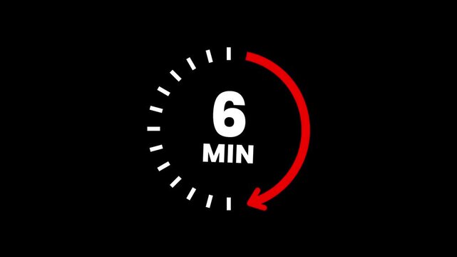 Countdown timer icons for 6 minutes in circular arrow animation. circle arrow refresh icon with 6 min timer icon animation. Timer 6 minutes countdown clock with circular arrow. 4k video