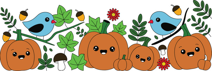 Obraz premium Cute autumn horizontal border set featuring cartoon pumpkins blue birds acorns and leaves isolated on white background vector illustration.