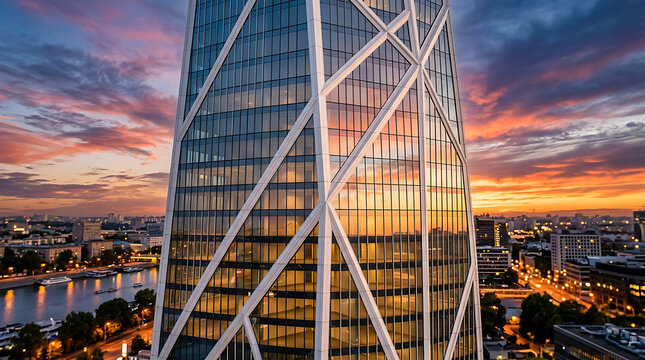 Modern Glass Skyscraper with Unique Diagrid Architecture at Sunset Overlooking City Skyline and River