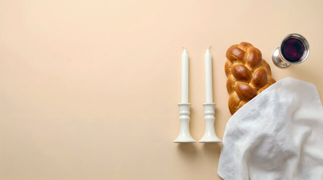 Simple Shabbat flat lay with candlesticks, kiddush cup and challah on warm cream background