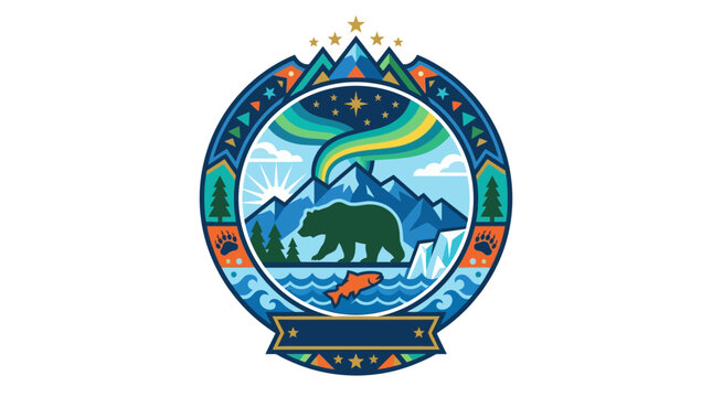 Badge emblem design with a bear mountain and northern lights.
