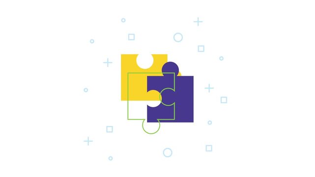 Animated puzzle pieces connecting against white background with motion graphics elements for teamwork and solution concept.
