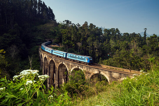 Aerial view of a Train driving over Nine Arch Bridge, Ella, Uva Province, Sri Lanka