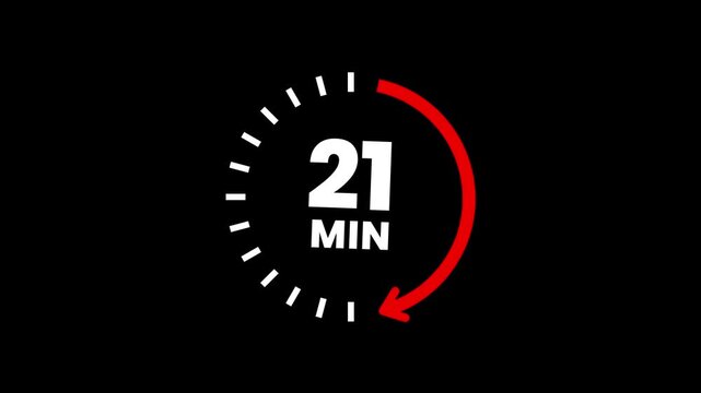 Countdown timer icons for 21 minutes in circular arrow animation. circle arrow refresh icon with 21 min timer icon animation. Timer 21 minutes countdown clock with circular arrow. 4k video