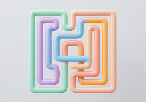 Interlocking pastel maze of 3D pipes forming a square geometric pattern