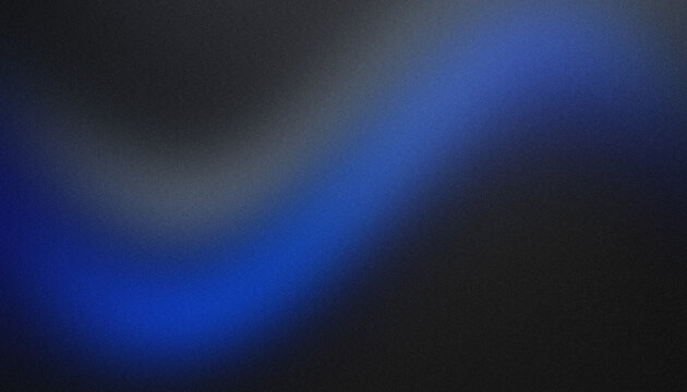 Minimalist abstract panoramic dark background with vibrant cobalt blue and charcoal grey glowing light waves, pitch black shadows and ultra smooth gradient transitions with grainy texture
