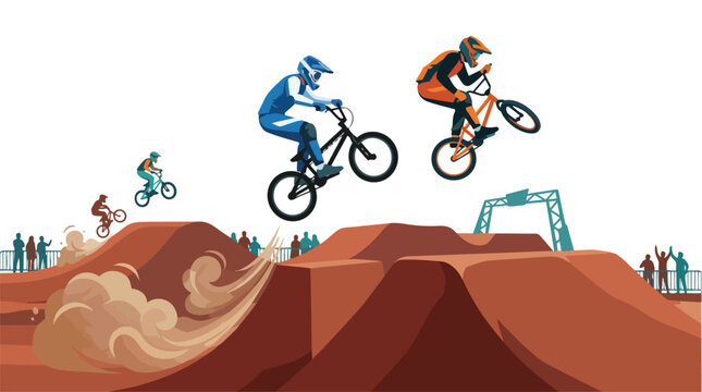 Two cyclists performing high jumps on a dirt track during a competition.