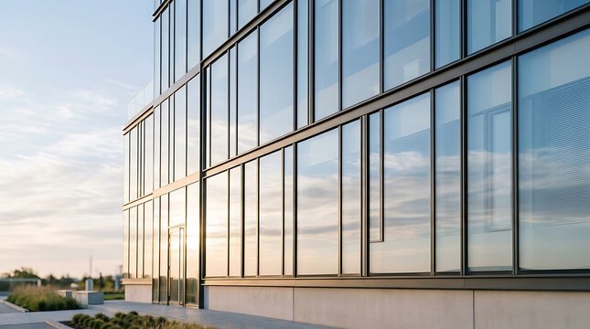Sleek glass facade of a contemporary corporate building reflecting the warm glow of a beautiful sunset, embodying modern architectural design