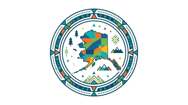 Colorful stylized map of Alaska inside a circular decorative border emblem.