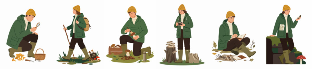Fototapeta premium A set of illustrations depicting a woman foraging for wild mushrooms, showcasing different stages like searching, collecting, photographing, and studying fungi in the forest.