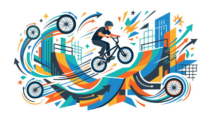 Fototapeta premium A BMX rider performing an aerial trick on a bicycle in an energetic urban setting.