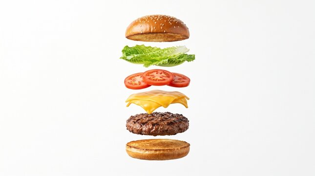 Exploded floating view of cheeseburger ingredients including buns, lettuce, tomato, melted cheese, and beef patty isolated on white background