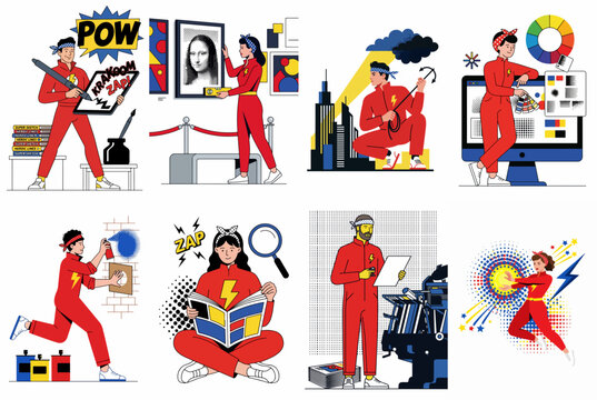 Collection of creative illustrations featuring people in red jumpsuits engaged in art, design, comic book creation, and technical work.