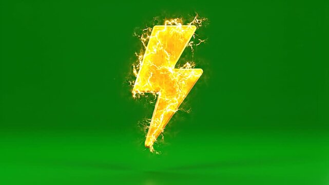 A glowing yellow lightning bolt engulfed in flames bursts against a solid green background above a minimalist bottom.