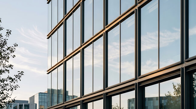 Modern glass facade of an office building reflecting the bright sky during a clear day with architectural symmetry and structural urban design