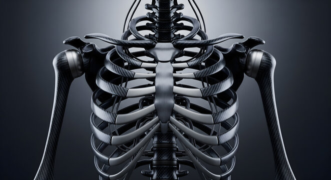 A detailed 3D illustration of a human skeletal system focusing on the ribcage and shoulders.