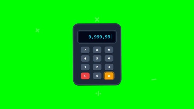 Animated cartoon calculator showing mathematical equations on green screen background.