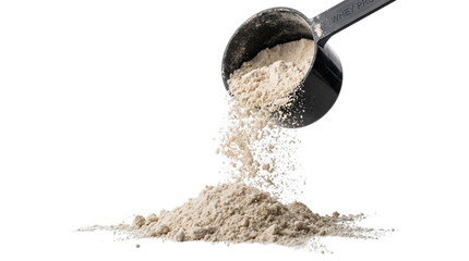 PNG Whey Protein Powder Pouring from a Scoop Isolated on Transparent Background Highlighting Sports Nutrition Muscle Recovery and Athletic Performance