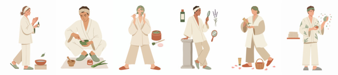Fototapeta premium Collection of diverse characters in bathrobes practicing self-care and beauty routines with natural products, flat minimalist illustration.