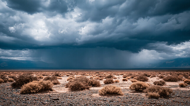 Dramatic dark storm clouds looming over a dry desert landscape with shrubs