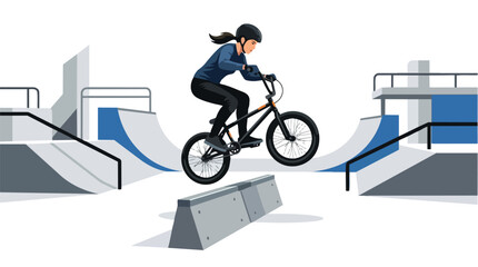 Fototapeta premium A young female cyclist performing a trick on a BMX bike.