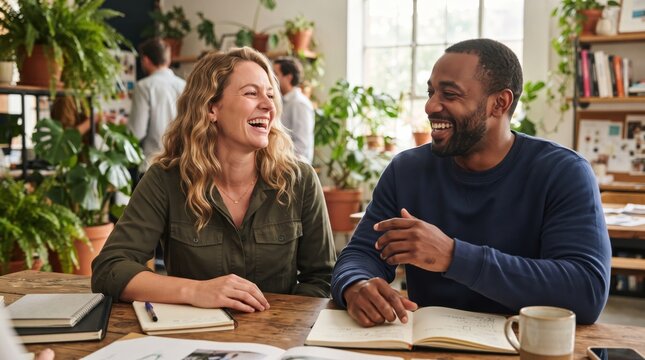 Colleagues laughing during relaxed office meeting beside notebooks, books, plants, and coffee, creating warm collaborative workplace atmosphere filled with genuine joy and connection