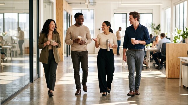 Coworkers walking in modern office while holding coffee and sharing conversation, diverse colleagues showing relaxed teamwork during bright workplace break