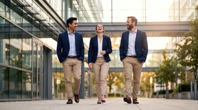 Professionals walking along modern glass corridor, smiling and talking together during urban business commute in warm natural light, expressing workplace friendship and teamwork