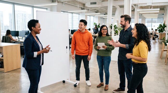 Team brainstorming at whiteboard, diverse coworkers sharing ideas in bright modern office with collaborative energy and professional teamwork